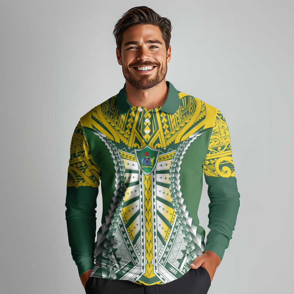 Cook Islands 1965 National Pride Long Sleeve Polo Shirt Green Yellow Tribal Pattern LT9 - Polynesian Pride