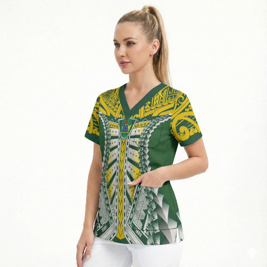 Cook Islands 1965 National Pride Scrub Top Green Yellow Tribal Pattern LT9 - Polynesian Pride