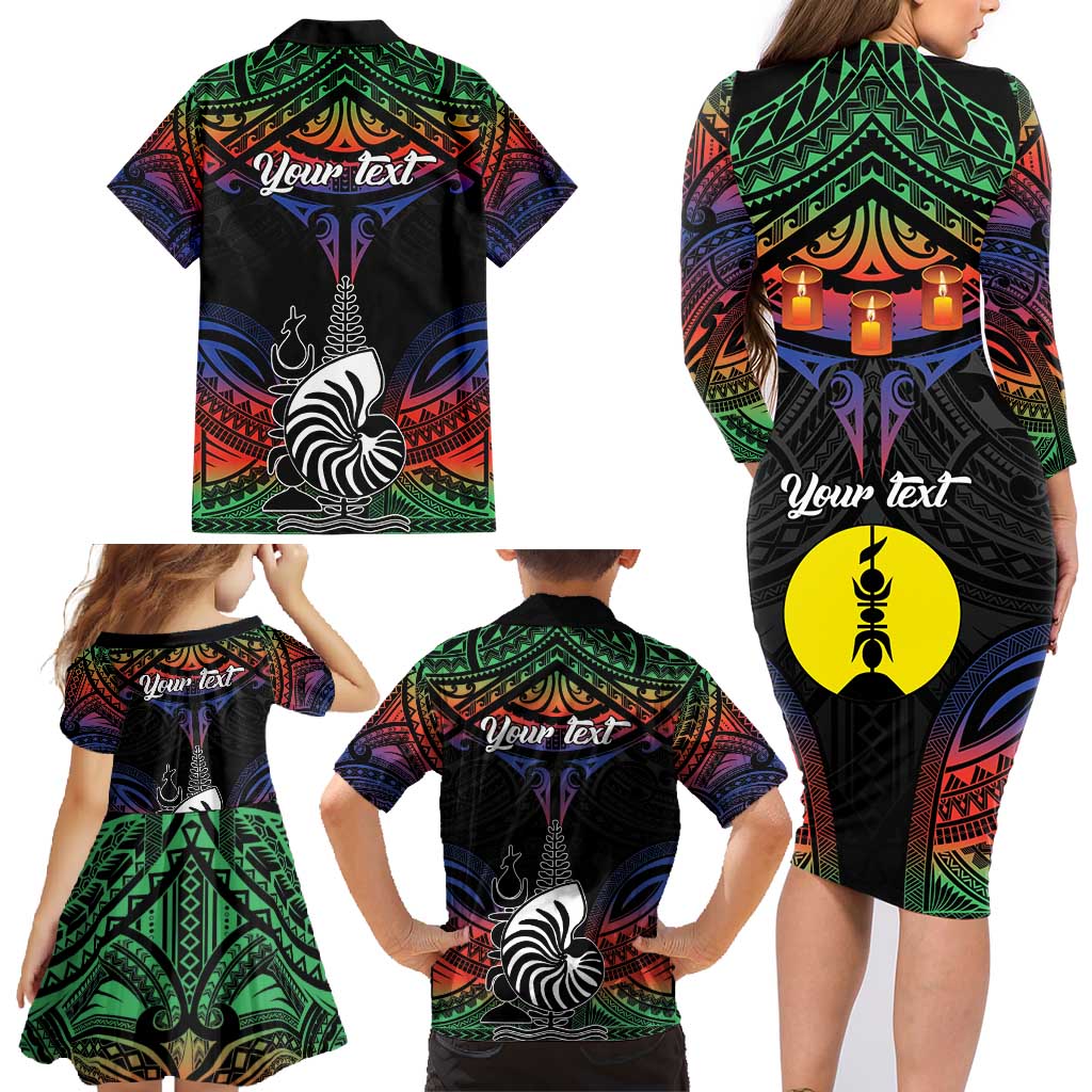 Personalised New Caledonia All Saints Day Family Matching Long Sleeve Bodycon Dress and Hawaiian Shirt Candle Light with Polynesian Style
