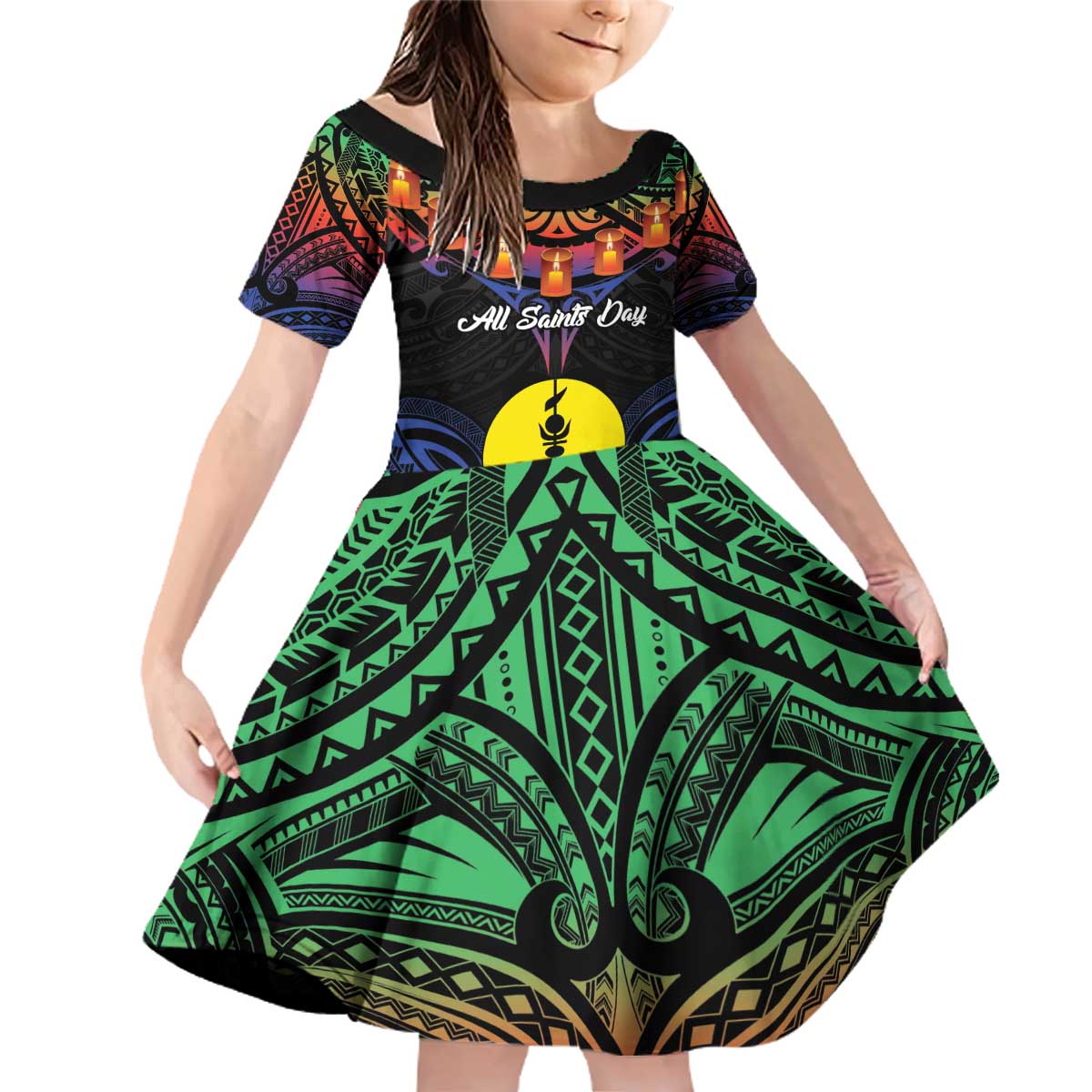 Personalised New Caledonia All Saints Day Family Matching Off Shoulder Short Dress and Hawaiian Shirt Candle Light with Polynesian Style LT9 Daughter's Dress Black - Polynesian Pride