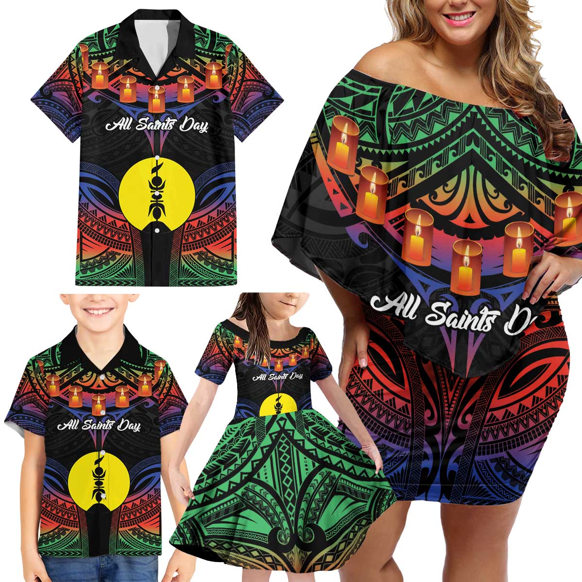 Personalised New Caledonia All Saints Day Family Matching Off Shoulder Short Dress and Hawaiian Shirt Candle Light with Polynesian Style LT9 - Polynesian Pride