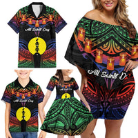 Personalised New Caledonia All Saints Day Family Matching Off Shoulder Short Dress and Hawaiian Shirt Candle Light with Polynesian Style LT9 - Polynesian Pride