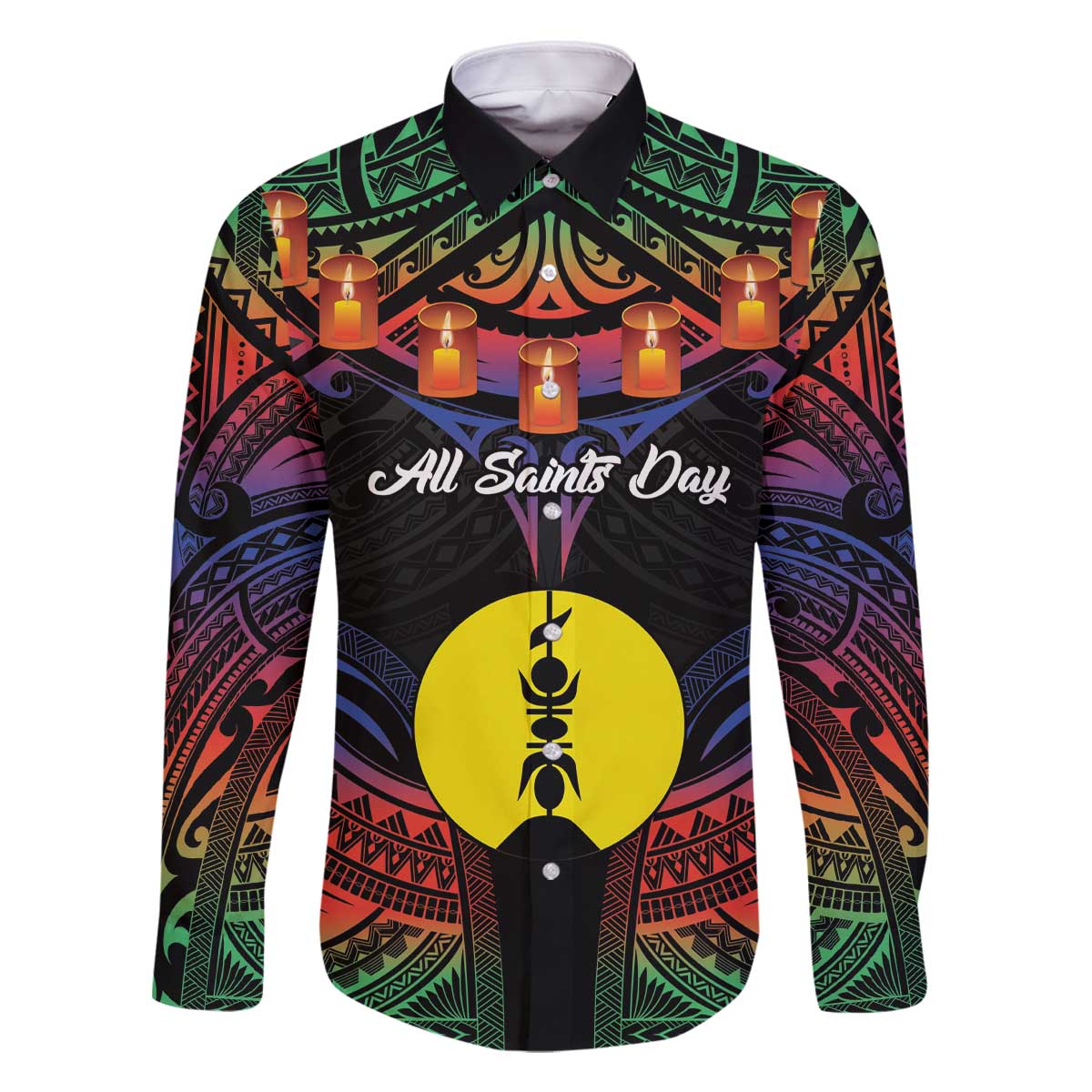 Personalised New Caledonia All Saints Day Family Matching Off Shoulder Short Dress and Hawaiian Shirt Candle Light with Polynesian Style LT9 Dad's Shirt - Long Sleeve Black - Polynesian Pride