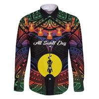 Personalised New Caledonia All Saints Day Family Matching Off Shoulder Short Dress and Hawaiian Shirt Candle Light with Polynesian Style LT9 Dad's Shirt - Long Sleeve Black - Polynesian Pride