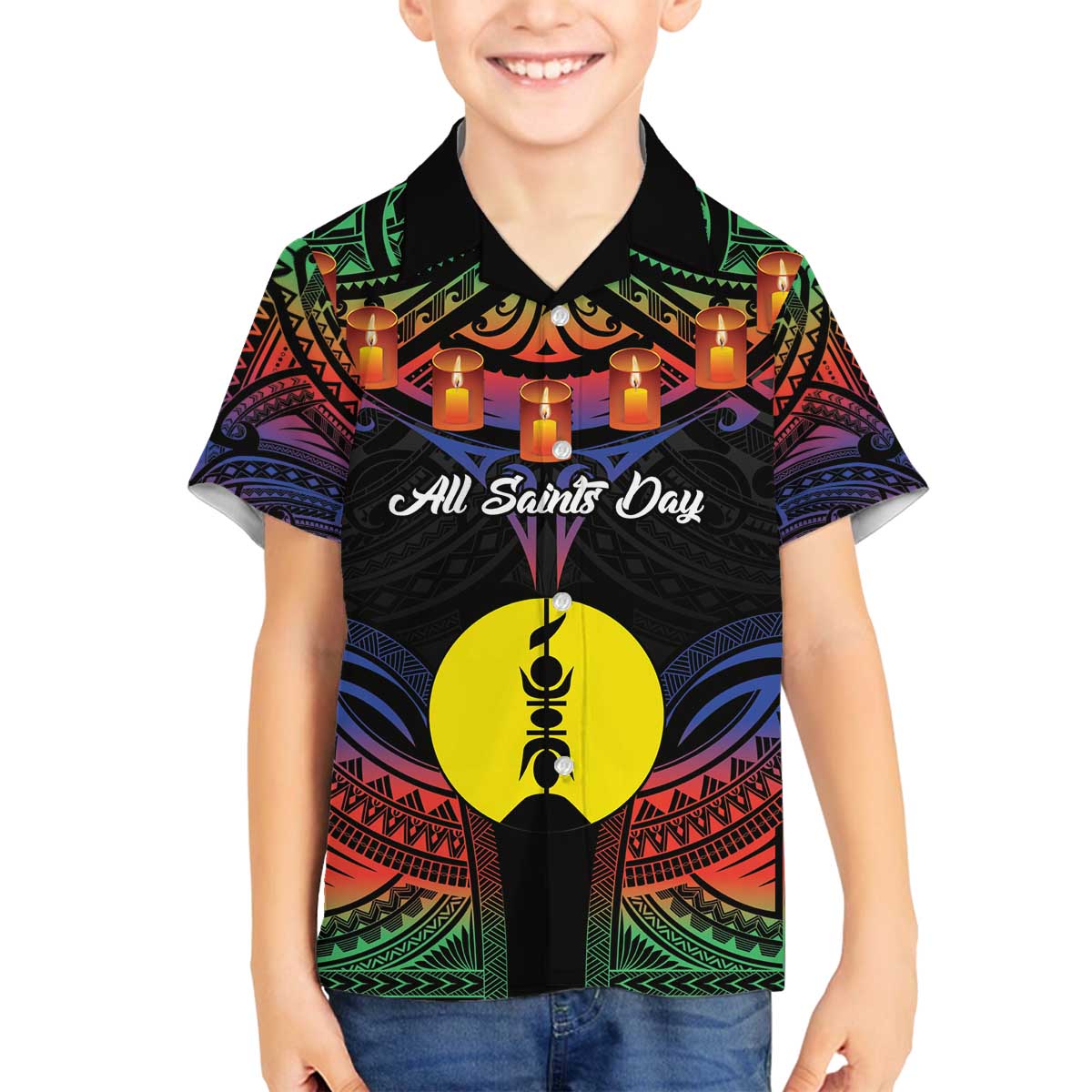 Personalised New Caledonia All Saints Day Family Matching Off Shoulder Short Dress and Hawaiian Shirt Candle Light with Polynesian Style LT9 Son's Shirt Black - Polynesian Pride