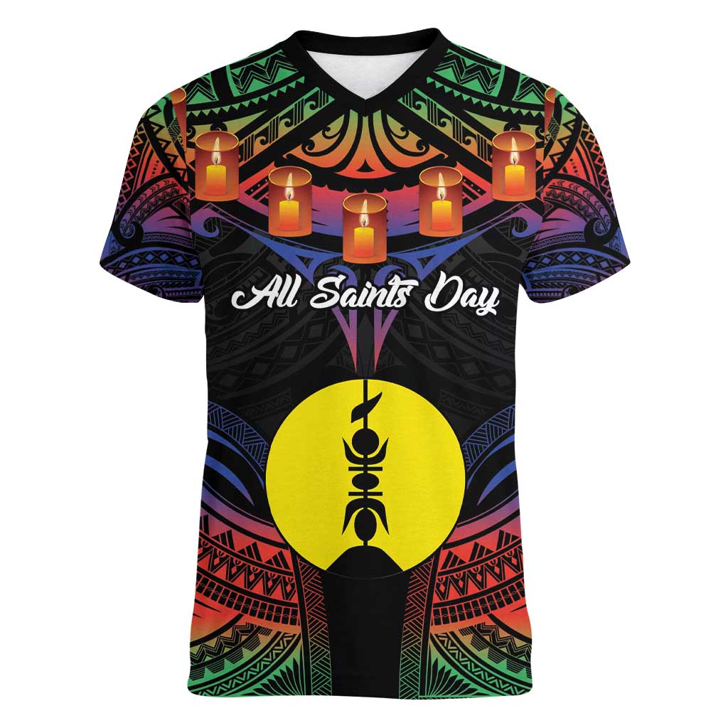 Personalised New Caledonia All Saints Day Women V-Neck T-Shirt Candle Light with Polynesian Style LT9 Female Black - Polynesian Pride