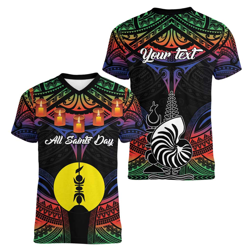 Personalised New Caledonia All Saints Day Women V-Neck T-Shirt Candle Light with Polynesian Style LT9 - Polynesian Pride