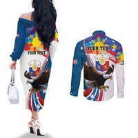 Personalized Filipino-American Couples Matching Off The Shoulder Long Sleeve Dress and Long Sleeve Button Shirt The Eight-Rayed Sun with Bald Eagle LT9 - Polynesian Pride