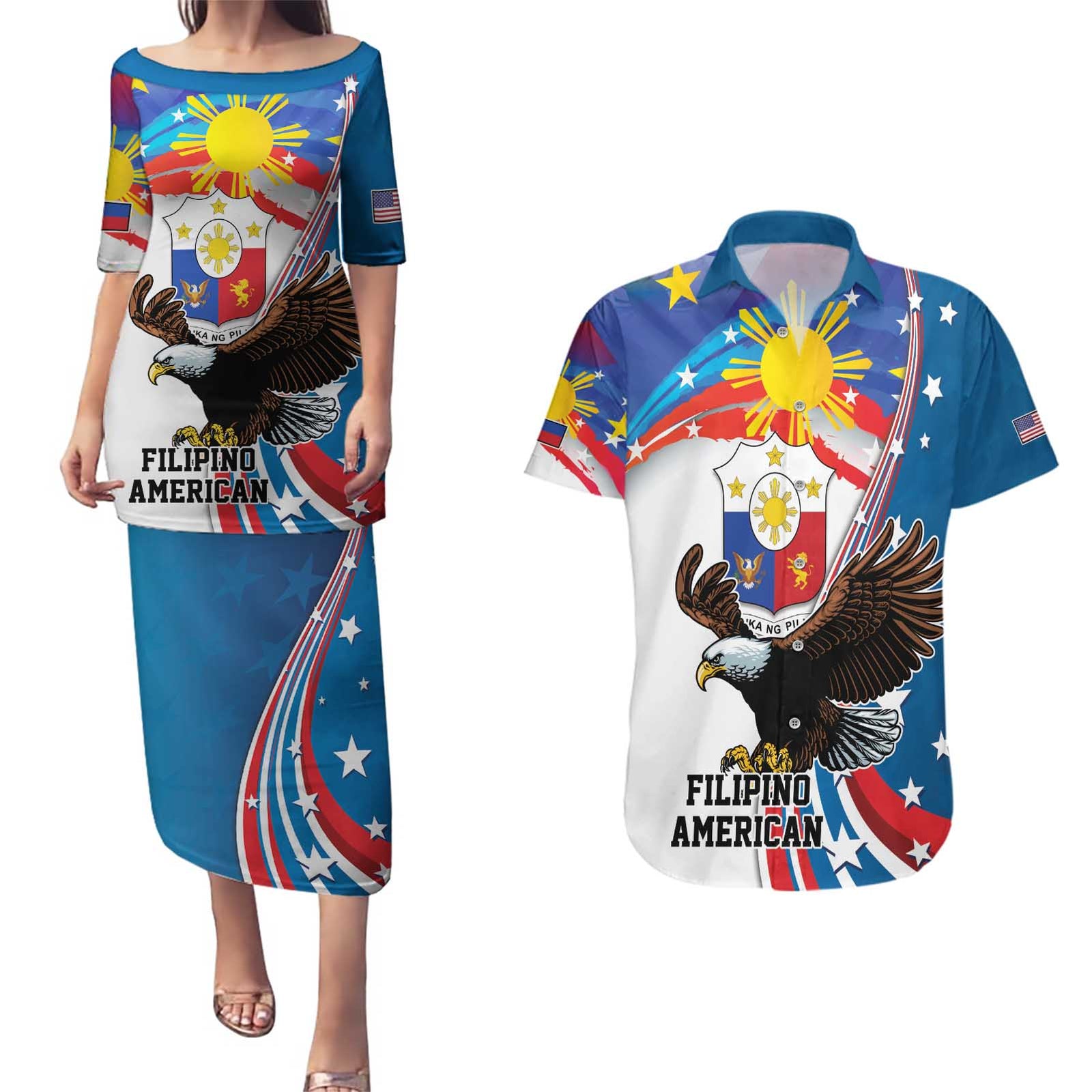Personalized Filipino-American Couples Matching Puletasi and Hawaiian Shirt The Eight-Rayed Sun with Bald Eagle LT9 Blue - Polynesian Pride