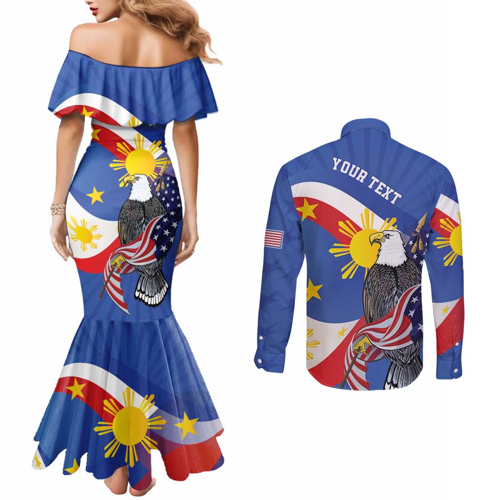 Personalized Filipino-American Couples Matching Mermaid Dress and Long Sleeve Button Shirt Philippines Coat Of Arms with Bald Eagle