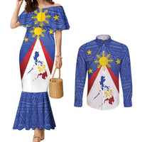 Personalized Pilipinas Eight-Rayed Sun Couples Matching Mermaid Dress and Long Sleeve Button Shirt Philippines Map With Polynesian Style