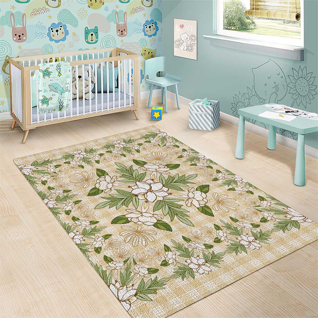 Squares Maile Leaf Area Rug Beige Palaka Hawaiian Quilt Pattern - Polynesian Pride