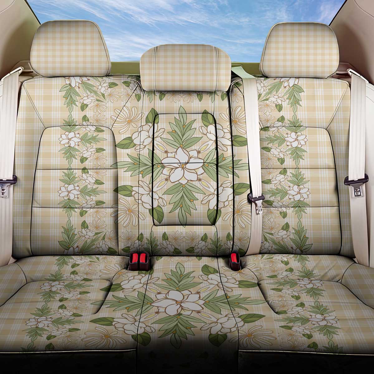 Squares Maile Leaf Back Car Seat Cover Beige Palaka Hawaiian Quilt Pattern - Polynesian Pride