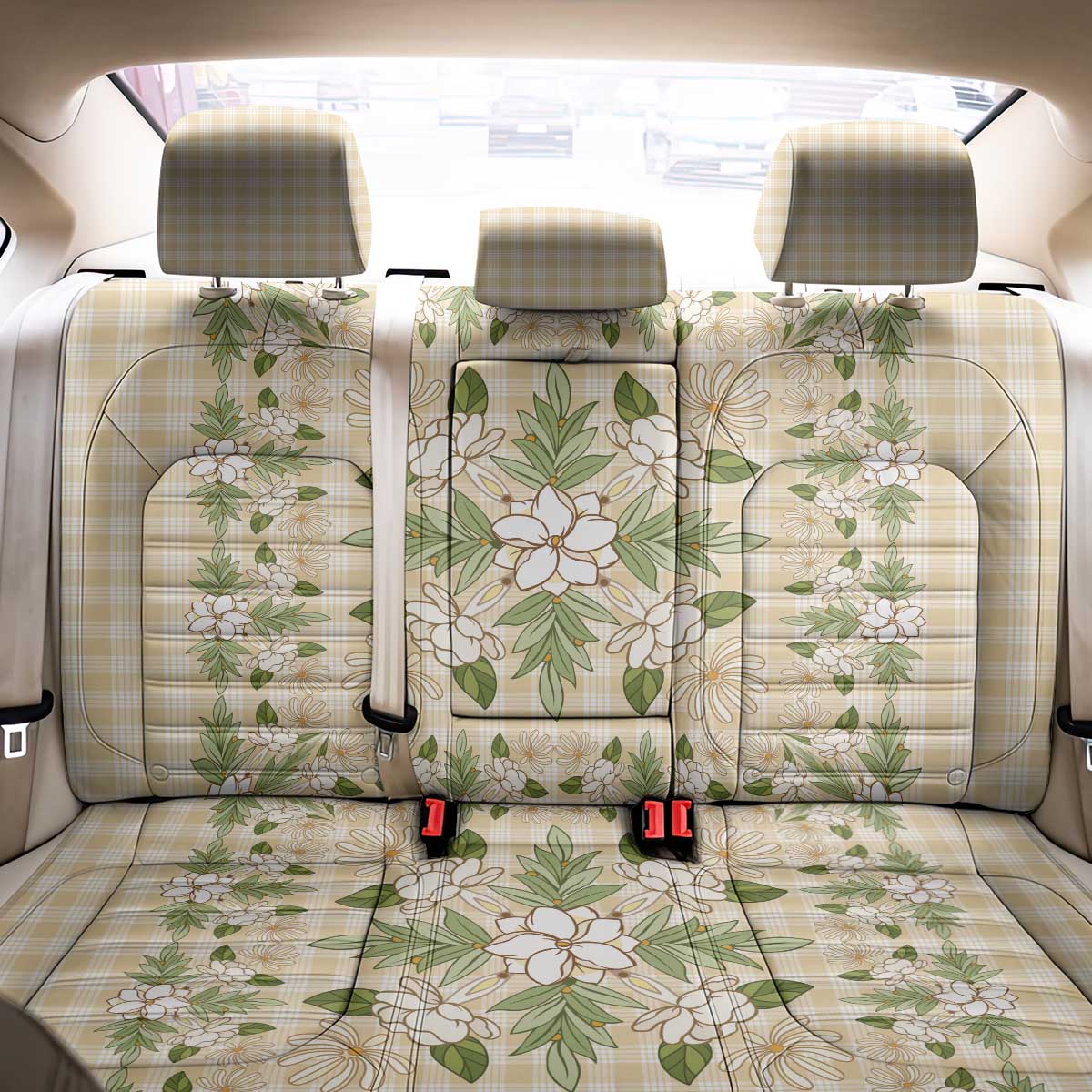 Squares Maile Leaf Back Car Seat Cover Beige Palaka Hawaiian Quilt Pattern - Polynesian Pride