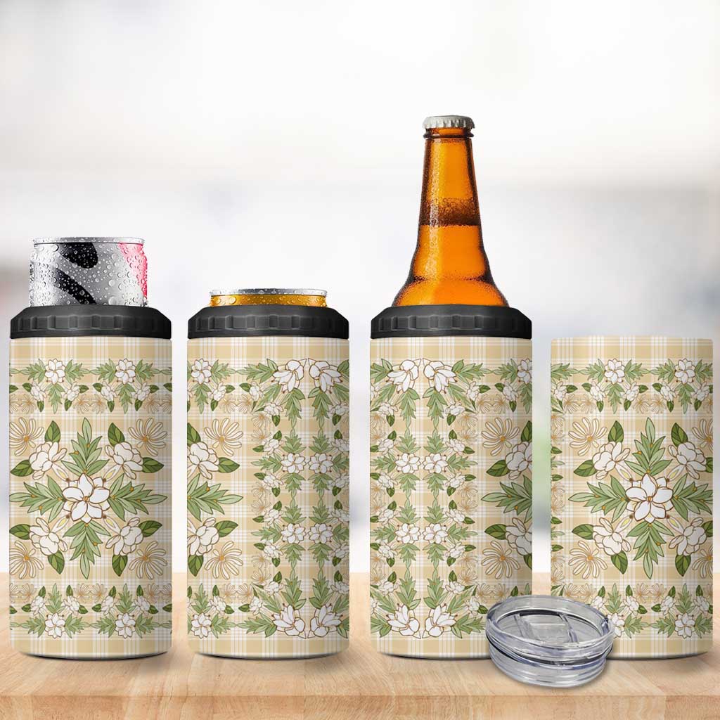 Squares Maile Leaf 4 in 1 Can Cooler Tumbler Beige Palaka Hawaiian Quilt Pattern - Polynesian Pride