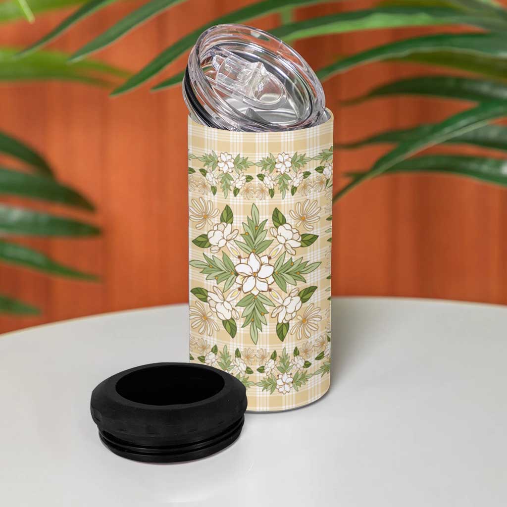 Squares Maile Leaf 4 in 1 Can Cooler Tumbler Beige Palaka Hawaiian Quilt Pattern - Polynesian Pride