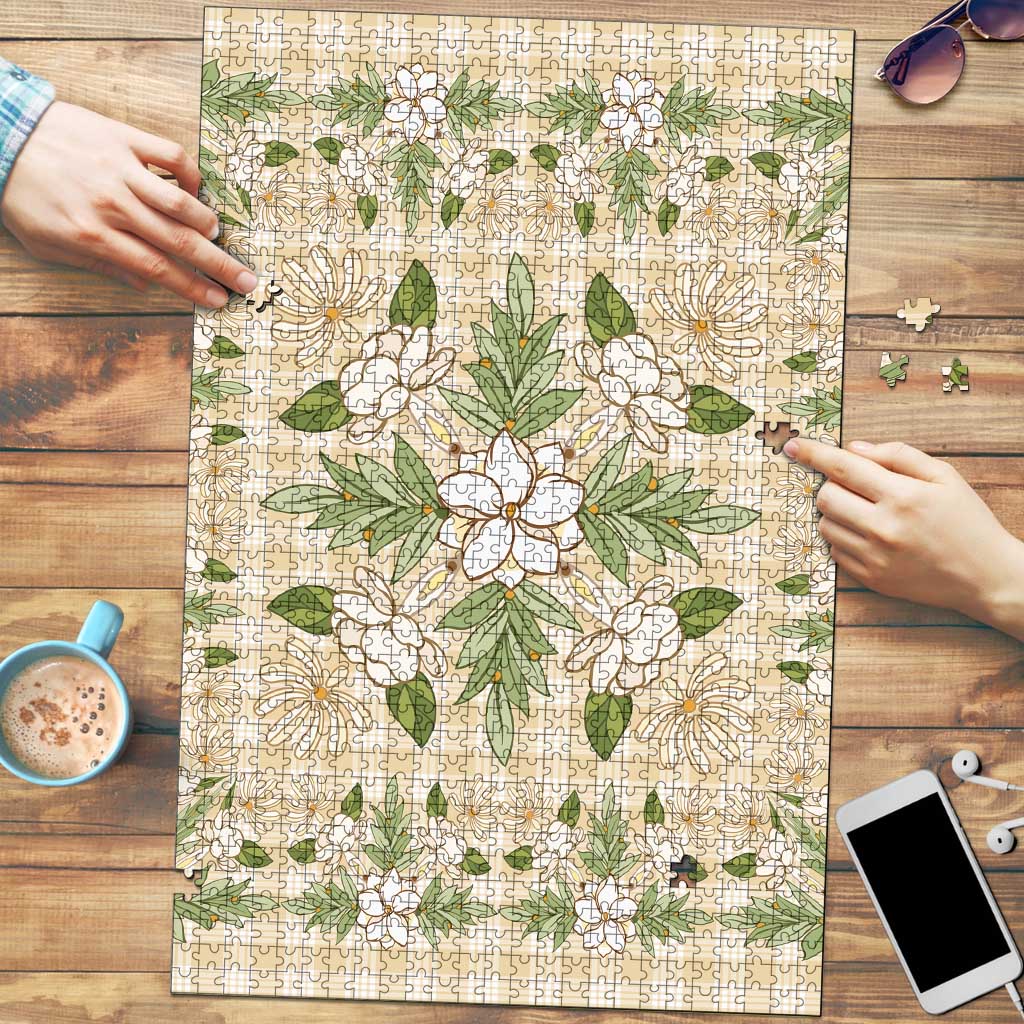 Squares Maile Leaf Puzzle Beige Palaka Hawaiian Quilt Pattern - Polynesian Pride