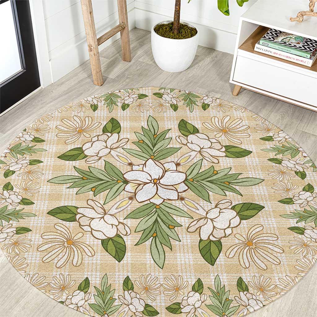 Squares Maile Leaf Round Carpet Beige Palaka Hawaiian Quilt Pattern - Polynesian Pride