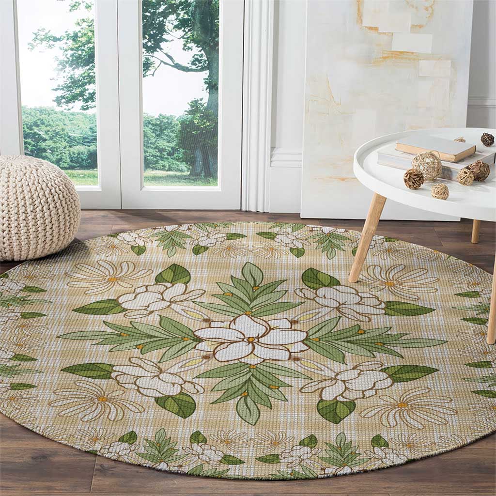 Squares Maile Leaf Round Carpet Beige Palaka Hawaiian Quilt Pattern - Polynesian Pride