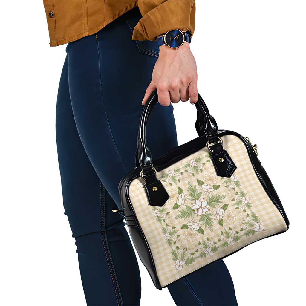 Squares Maile Leaf Shoulder Handbag Beige Palaka Hawaiian Quilt Pattern - Polynesian Pride