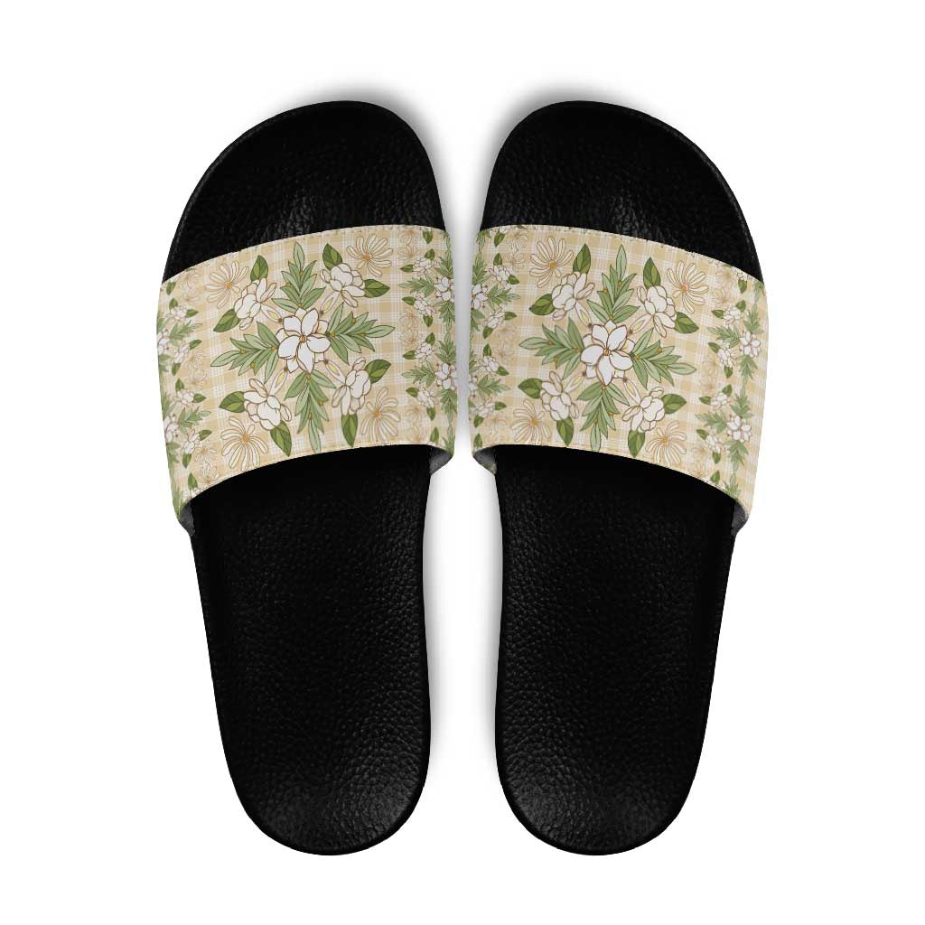Squares Maile Leaf Slide Sandals Beige Palaka Hawaiian Quilt Pattern - Polynesian Pride