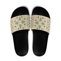 Squares Maile Leaf Slide Sandals Beige Palaka Hawaiian Quilt Pattern - Polynesian Pride