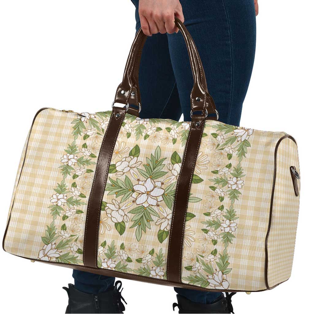 Squares Maile Leaf Travel Bag Beige Palaka Hawaiian Quilt Pattern - Polynesian Pride