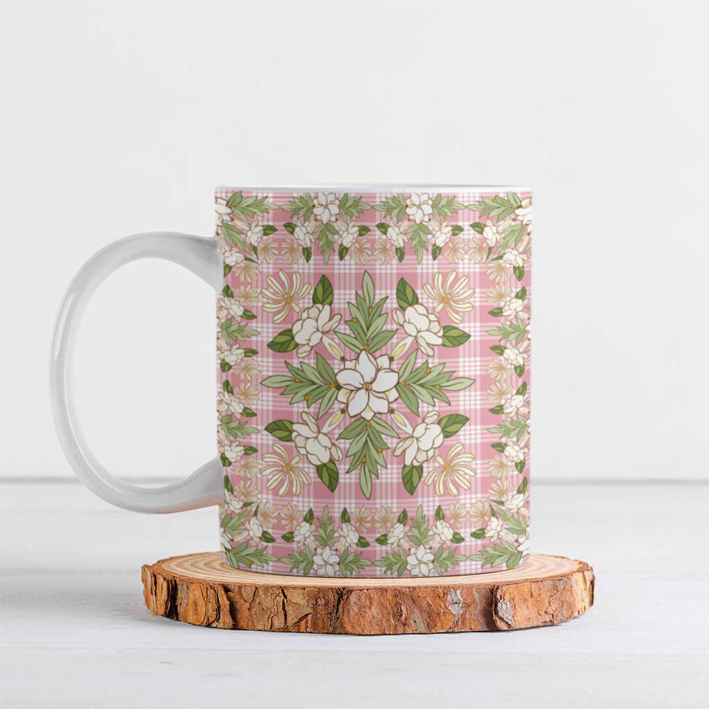 Squares Maile Leaf Ceramic Mug Pink Palaka Hawaiian Quilt Pattern - Polynesian Pride