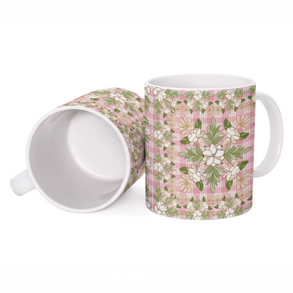 Squares Maile Leaf Ceramic Mug Pink Palaka Hawaiian Quilt Pattern - Polynesian Pride