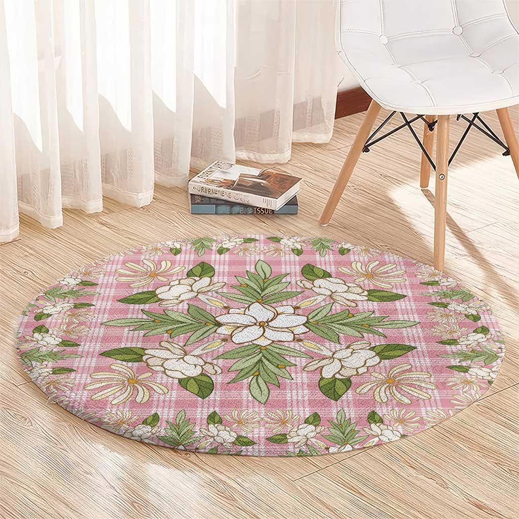 Squares Maile Leaf Round Carpet Pink Palaka Hawaiian Quilt Pattern - Polynesian Pride