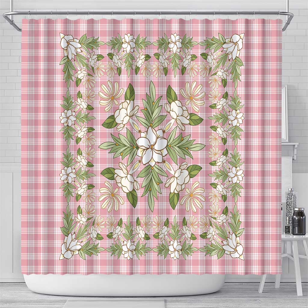 Squares Maile Leaf Shower Curtain Pink Palaka Hawaiian Quilt Pattern - Polynesian Pride