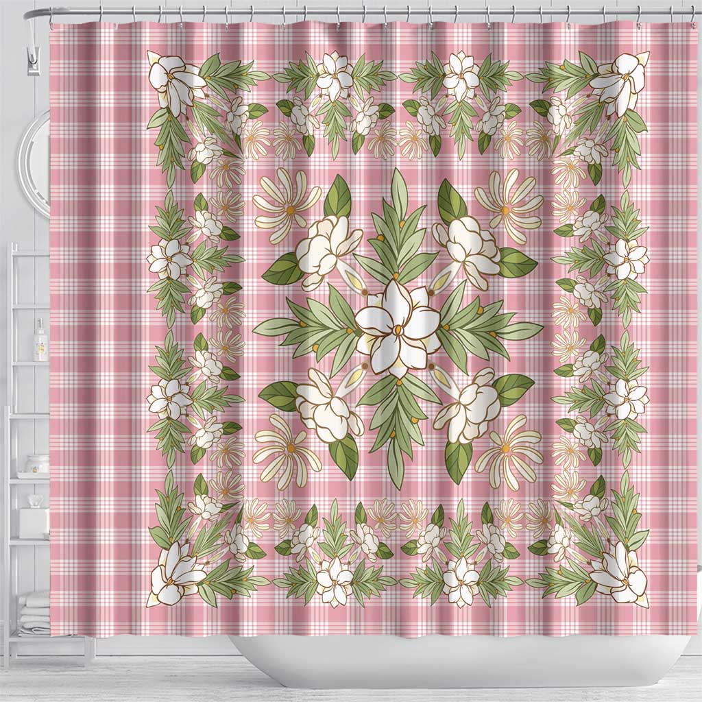 Squares Maile Leaf Shower Curtain Pink Palaka Hawaiian Quilt Pattern - Polynesian Pride