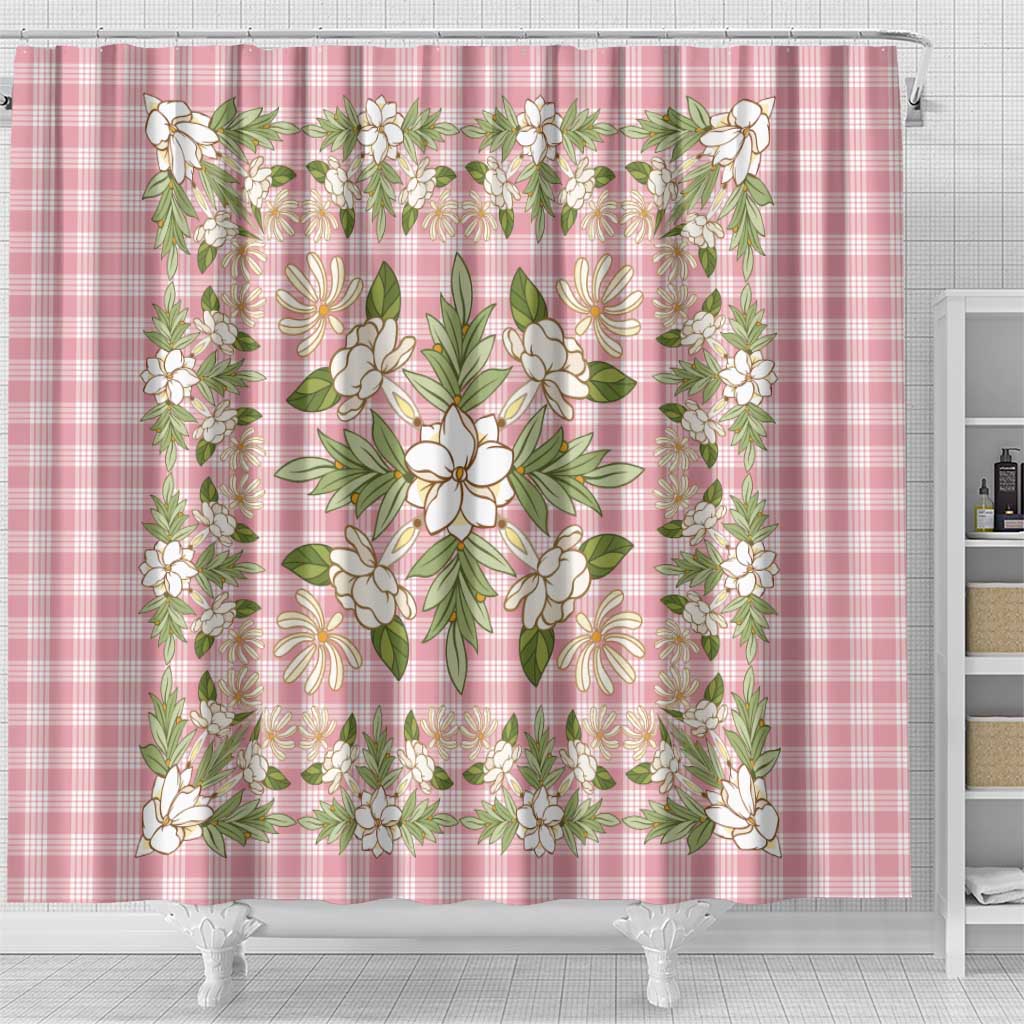 Squares Maile Leaf Shower Curtain Pink Palaka Hawaiian Quilt Pattern - Polynesian Pride