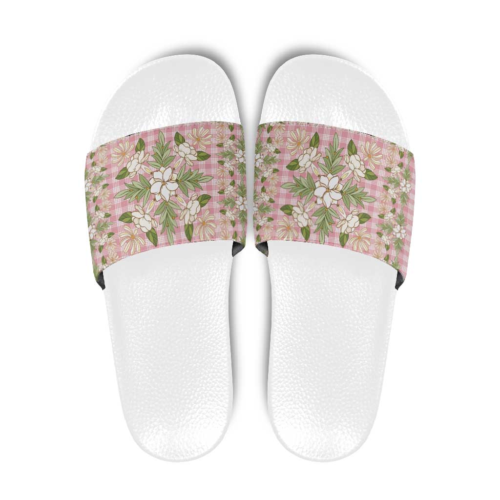 Squares Maile Leaf Slide Sandals Pink Palaka Hawaiian Quilt Pattern - Polynesian Pride
