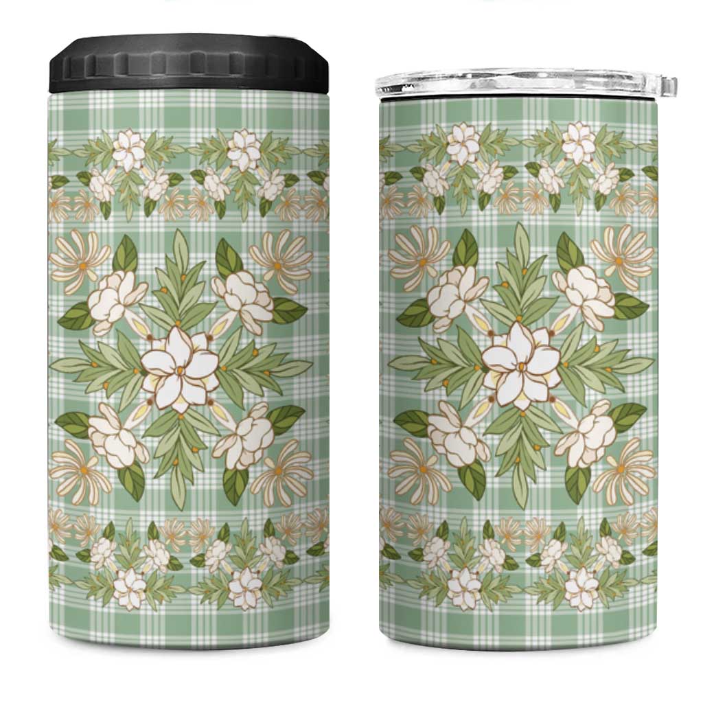 Squares Maile Leaf 4 in 1 Can Cooler Tumbler Turquoise Palaka Hawaiian Quilt Pattern - Polynesian Pride