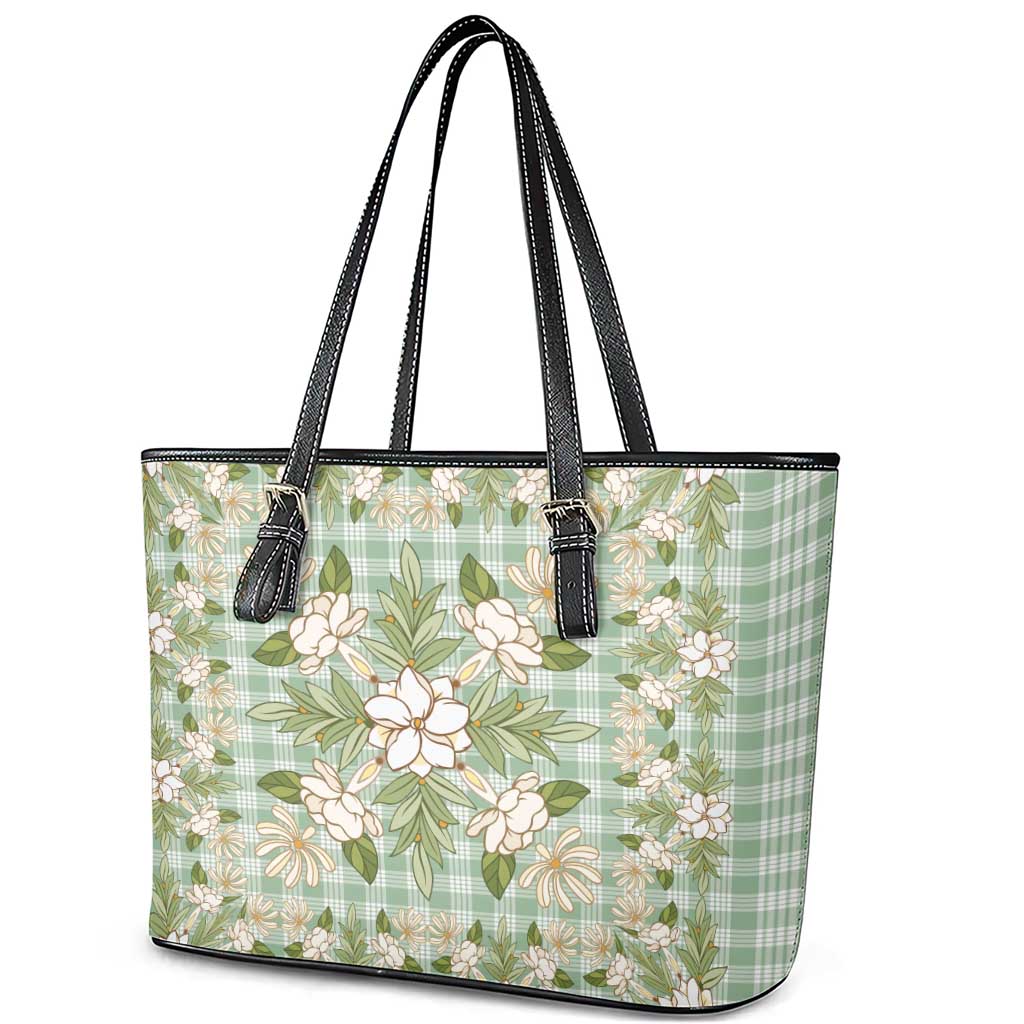 Squares Maile Leaf Leather Tote Bag Turquoise Palaka Hawaiian Quilt Pattern - Polynesian Pride