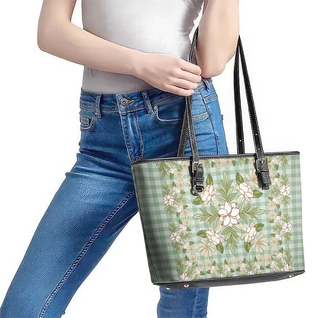 Squares Maile Leaf Leather Tote Bag Turquoise Palaka Hawaiian Quilt Pattern - Polynesian Pride