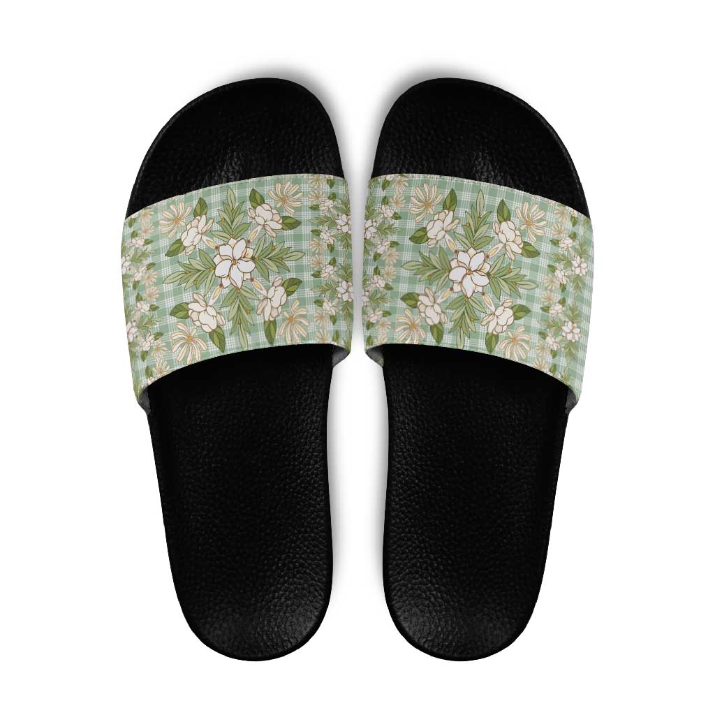 Squares Maile Leaf Slide Sandals Turquoise Palaka Hawaiian Quilt Pattern - Polynesian Pride