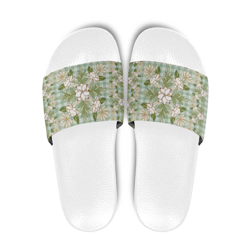 Squares Maile Leaf Slide Sandals Turquoise Palaka Hawaiian Quilt Pattern - Polynesian Pride