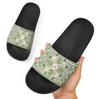 Squares Maile Leaf Slide Sandals Turquoise Palaka Hawaiian Quilt Pattern - Polynesian Pride