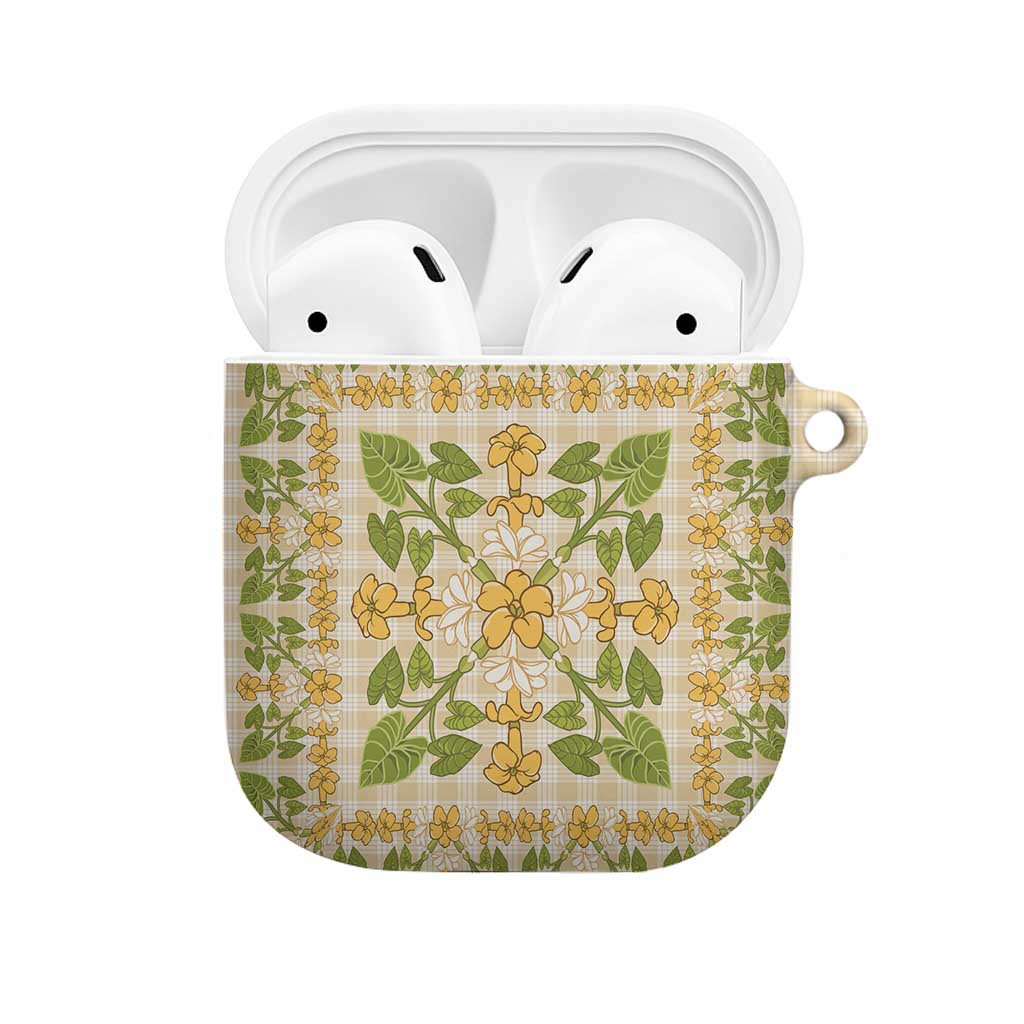 Squares Puakenikeni and Kalo AirPods Case Beige Palaka Hawaiian Quilt Pattern - Polynesian Pride