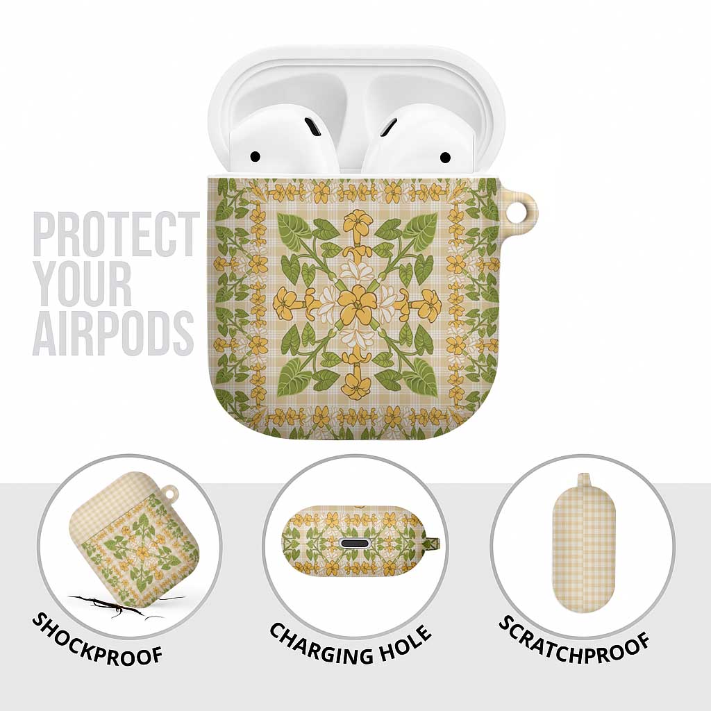 Squares Puakenikeni and Kalo AirPods Case Beige Palaka Hawaiian Quilt Pattern - Polynesian Pride