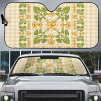 Squares Puakenikeni and Kalo Auto Sun Shade Beige Palaka Hawaiian Quilt Pattern - Polynesian Pride