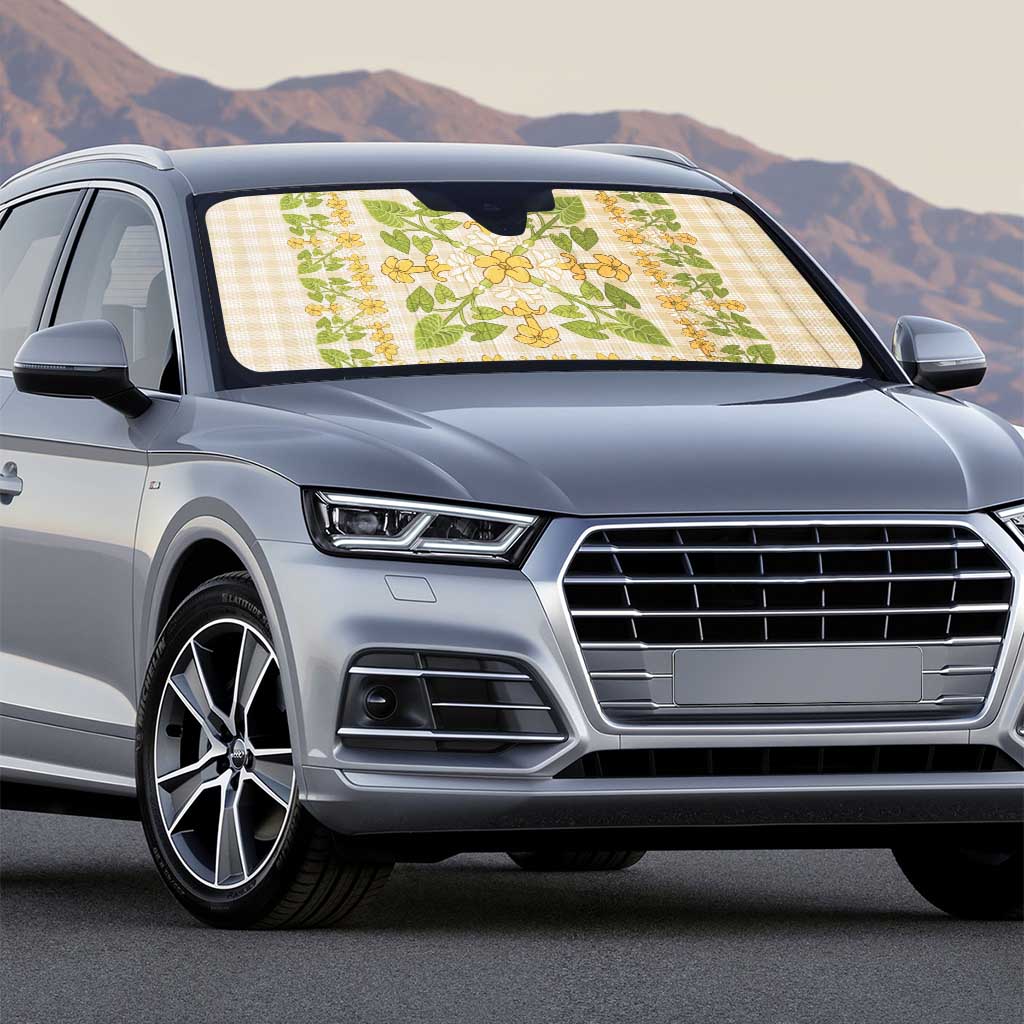 Squares Puakenikeni and Kalo Auto Sun Shade Beige Palaka Hawaiian Quilt Pattern - Polynesian Pride