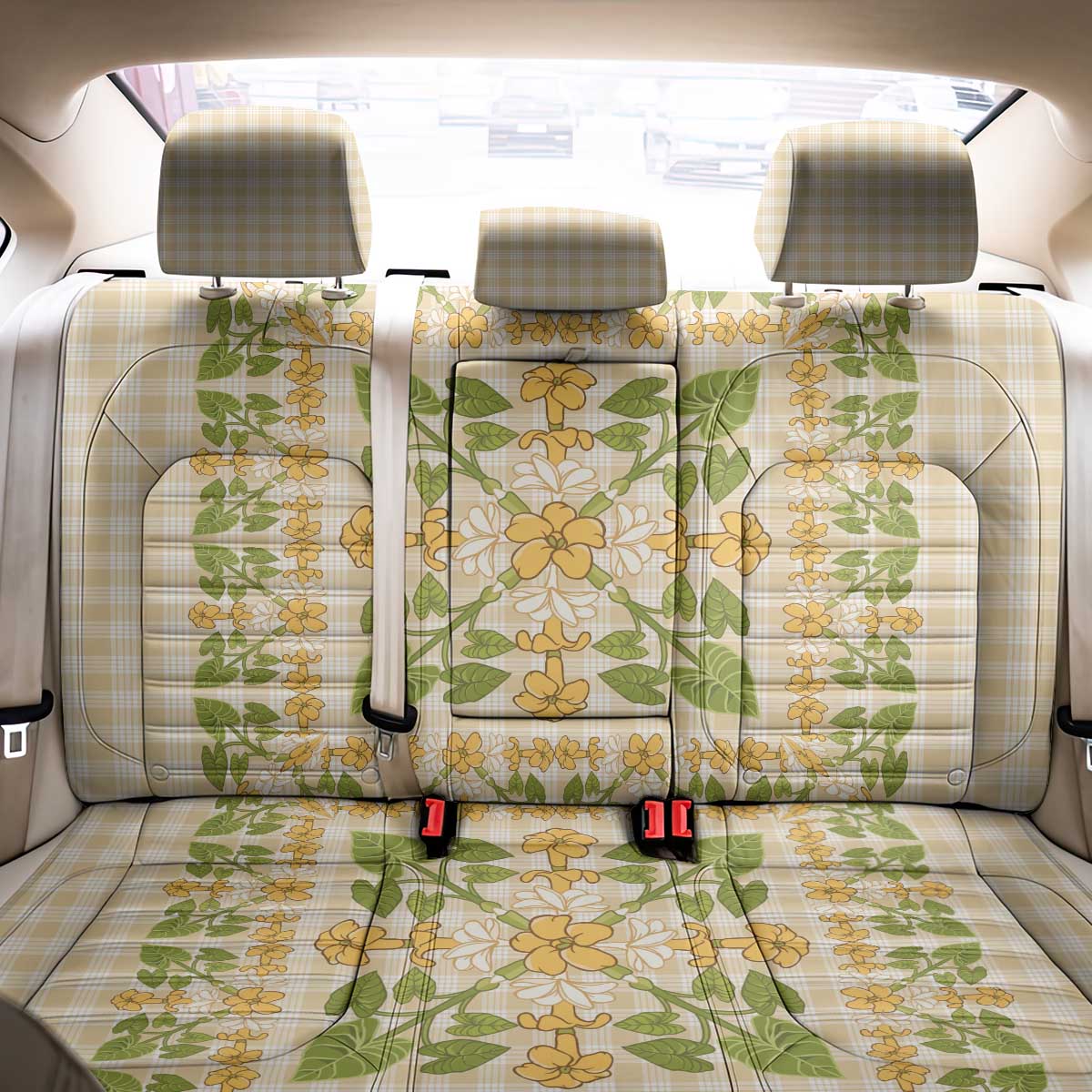 Squares Puakenikeni and Kalo Back Car Seat Cover Beige Palaka Hawaiian Quilt Pattern - Polynesian Pride