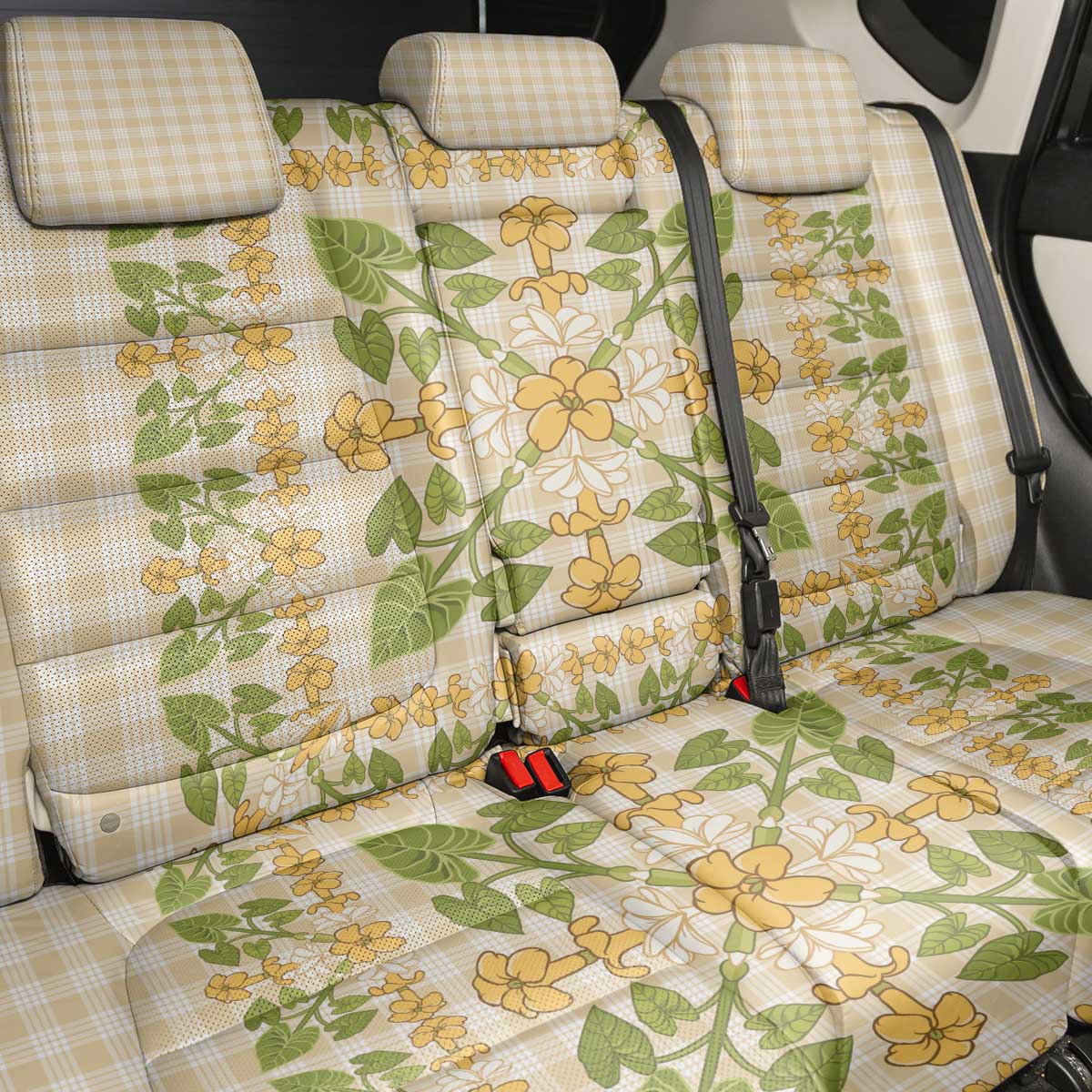 Squares Puakenikeni and Kalo Back Car Seat Cover Beige Palaka Hawaiian Quilt Pattern - Polynesian Pride