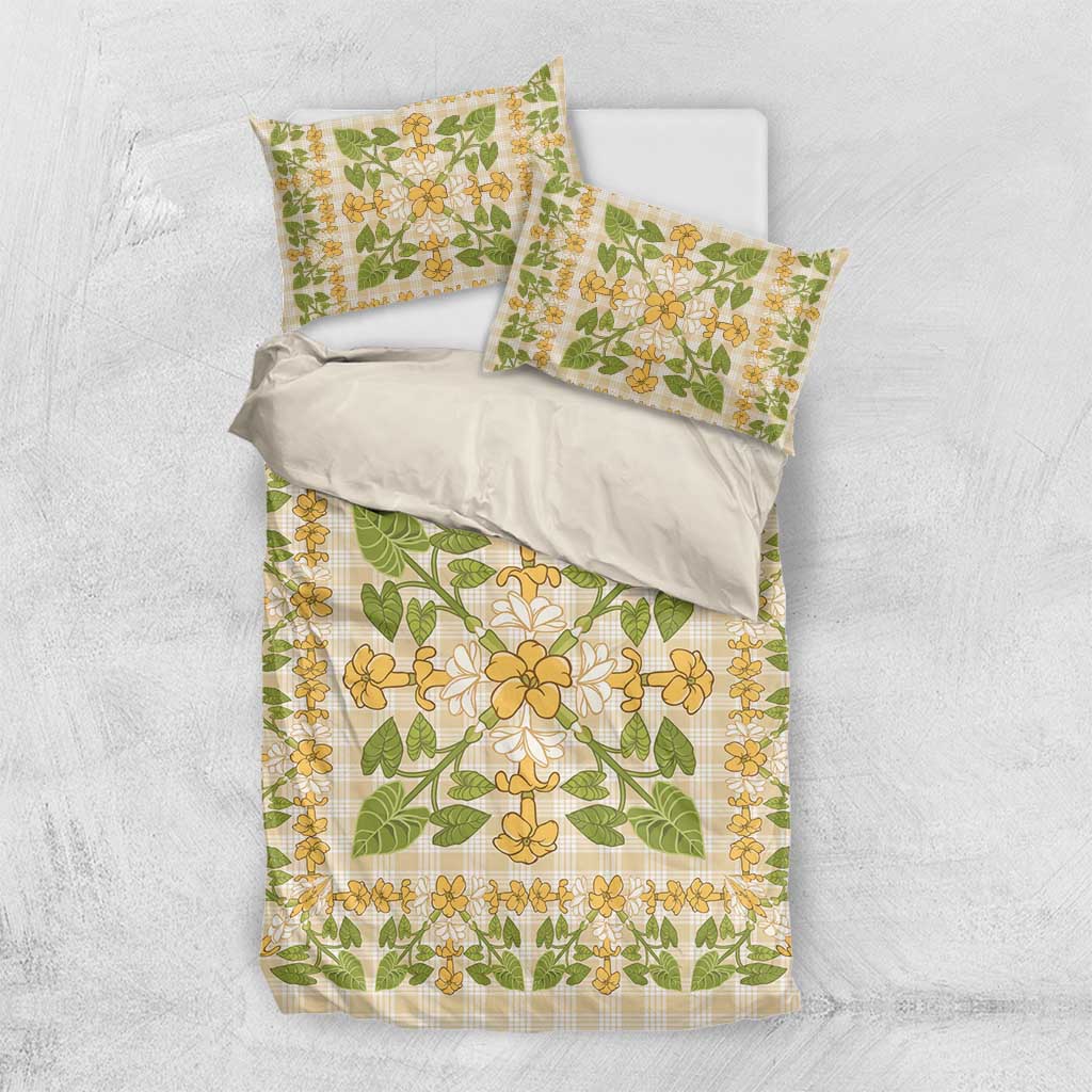 Squares Puakenikeni and Kalo Bedding Set Beige Palaka Hawaiian Quilt Pattern - Polynesian Pride