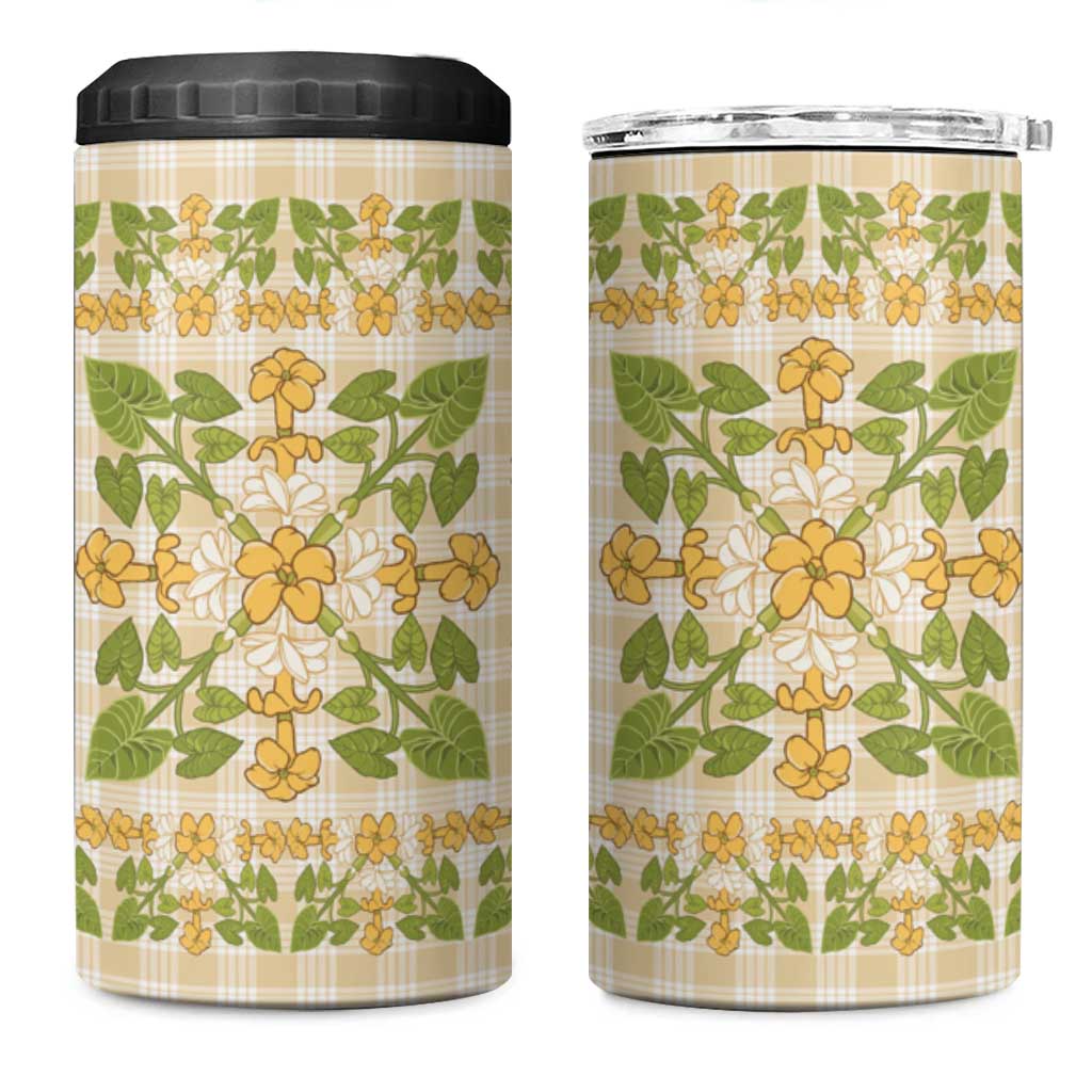 Squares Puakenikeni and Kalo 4 in 1 Can Cooler Tumbler Beige Palaka Hawaiian Quilt Pattern - Polynesian Pride