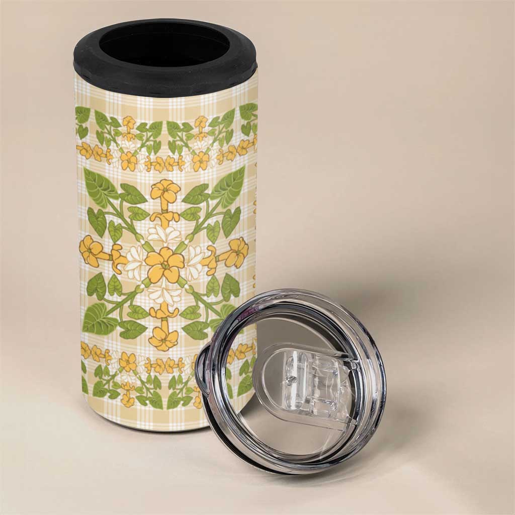 Squares Puakenikeni and Kalo 4 in 1 Can Cooler Tumbler Beige Palaka Hawaiian Quilt Pattern - Polynesian Pride