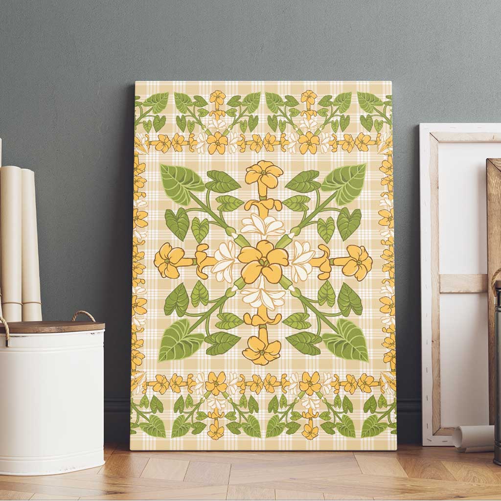 Squares Puakenikeni and Kalo Canvas Wall Art Beige Palaka Hawaiian Quilt Pattern - Polynesian Pride
